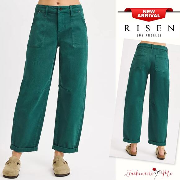 RISEN High Rise Waist Cuffed Hem Zip Fly Pocket Ankle Barrel Leg Pants | Green - Picture 1 of 7